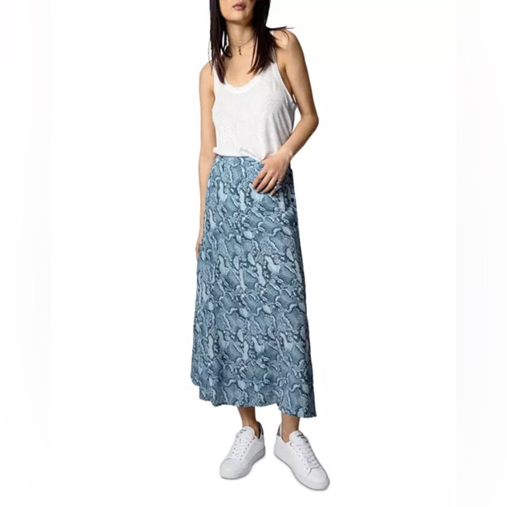 Zadig & Voltaire Women's June Wild 100% Silk Midi Skirt Blue White Python Print